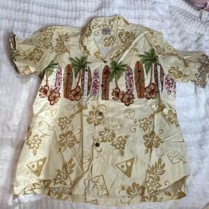 ALOHA HUT Large Button‎ Up Hawaiian Shirt Surfboards Floral Palm Trees Cream